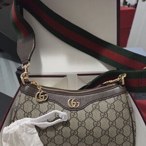 Gucci Beige GG Supreme Shoulder Bag with Green-Red Web Strap